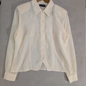 Karen Scott White Embellished Button Down Shirt